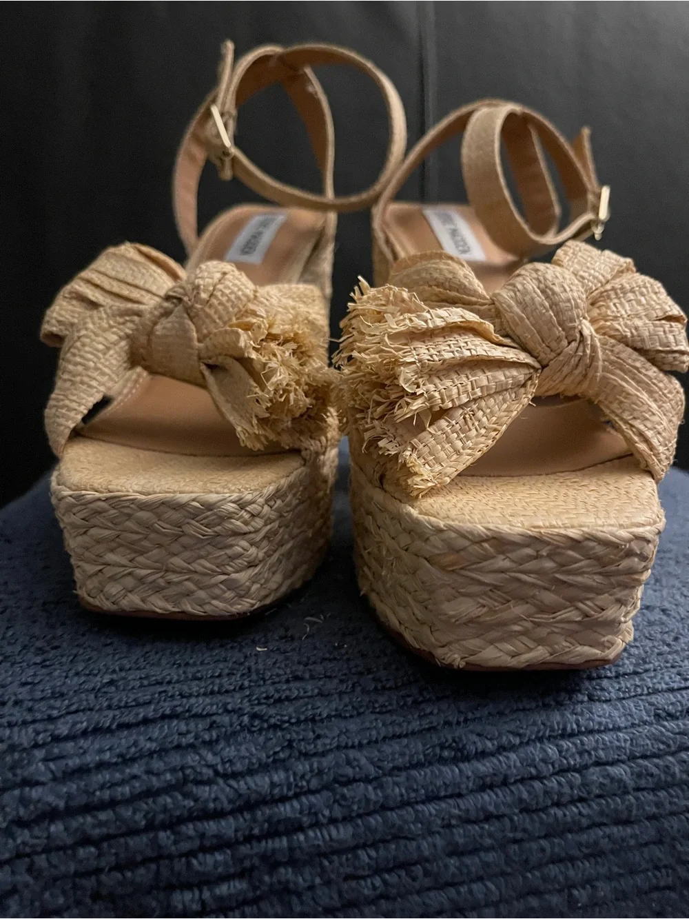Steve Madden Women’s ROMEY Natural Raffia Bow Platform Sandals Sz 9.5 NWOB